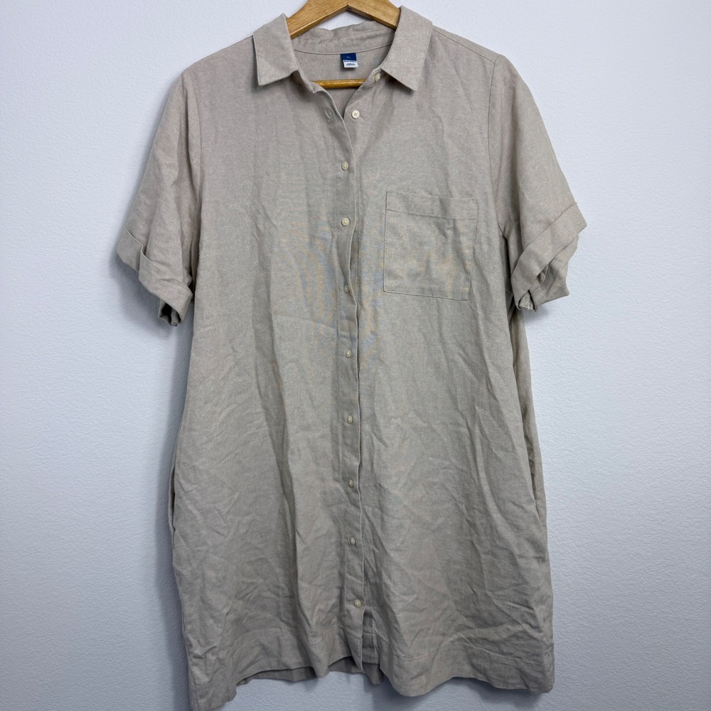 Old Navy Womens XL Beige Linen Blend Lightweight Button Down Shirt Dress Pocket